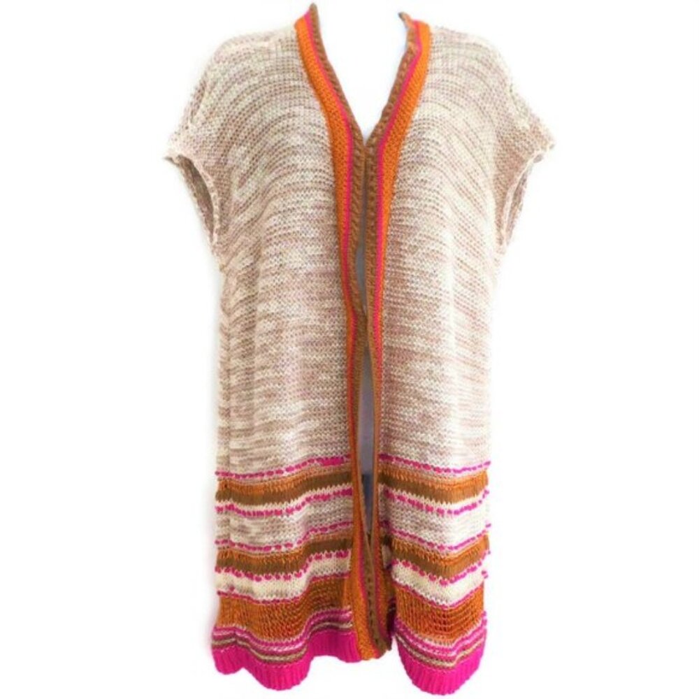 Chicos Sweater Duster Chunky Knit Ecru Metallic Cotton Blend 3 XL